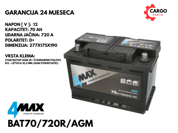 AKUMULATOR 70Ah 720A / START STOP / 4MAX / 70 Ah 720 A AGM