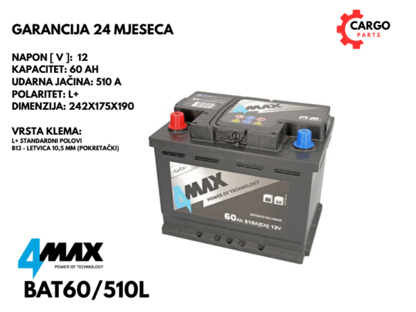 AKUMULATOR 60Ah 510A L+ / 4MAX / 60 Ah 510 A