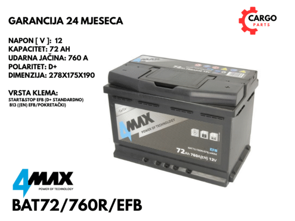 AKUMULATOR 72Ah 760A / START STOP / 4MAX / 72 Ah 760 A EFB