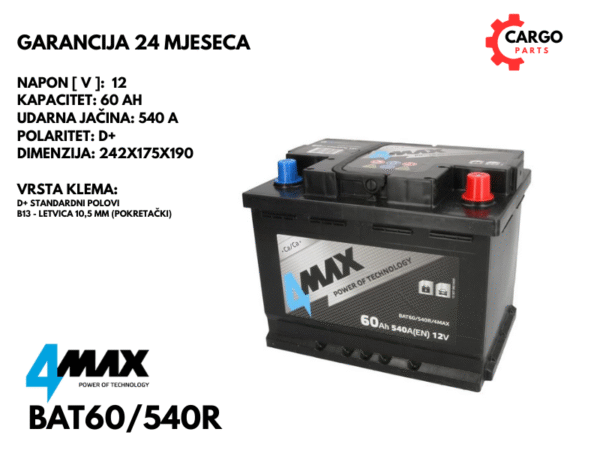AKUMULATOR 60Ah 540A D+ / 4MAX / 60 Ah 540 A