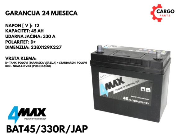 AKUMULATOR 45Ah 330A D+ / 4MAX / 45 Ah 330 A / JAPAN
