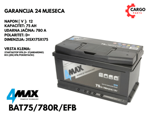 AKUMULATOR 75Ah 780A / START STOP / 4MAX / 75 Ah 780 A EFB