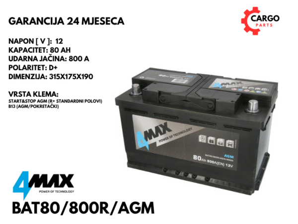 AKUMULATOR 80Ah 800A / START STOP / 4MAX / 80 Ah 800 A AGM