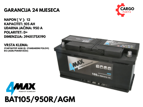 AKUMULATOR 105Ah 950A / START STOP / 4MAX / 105 Ah 950 A AGM