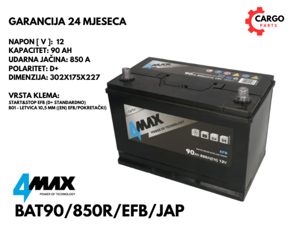 AKUMULATOR 90Ah 850A / START STOP / 4MAX / 90 Ah 850 A EFB