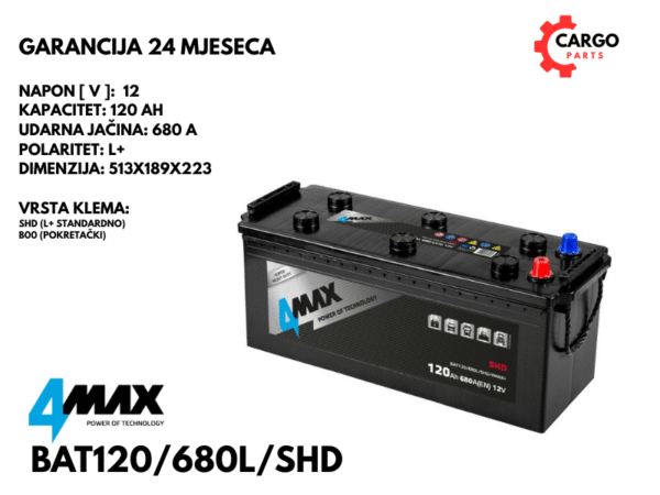 AKUMULATOR 120Ah 680A L+ / 4MAX / 120 Ah 680 A SHD TERETNI - KAMIONSKI