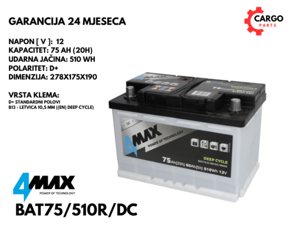 AKUMULATOR 75Ah 510A D+ / DEEP CYCLE / 75 Ah 510 A / KAMPER – ČAMAC