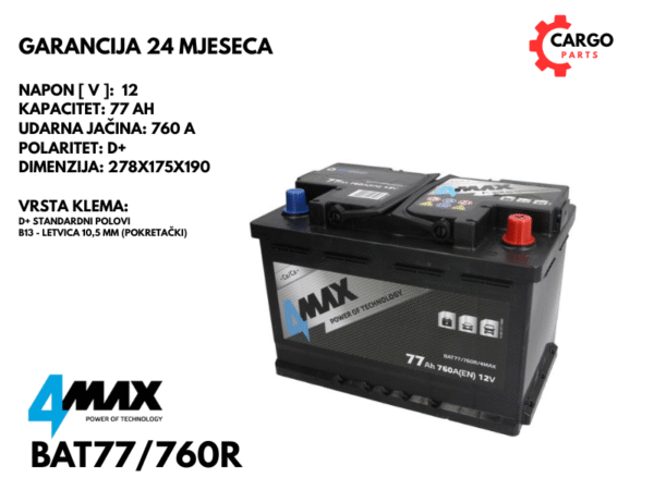 AKUMULATOR 77Ah 760A D+ / 4MAX / 77 Ah 760 A