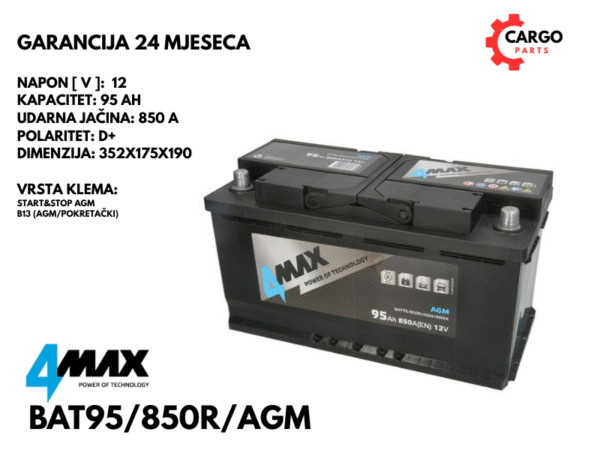 AKUMULATOR 95Ah 850A / START STOP / 4MAX / 95 Ah 850 A AGM