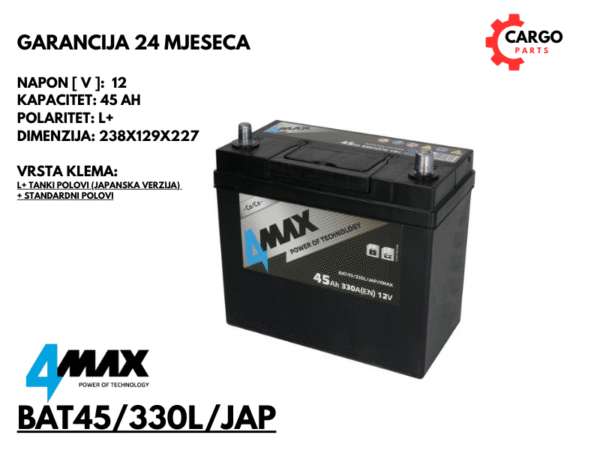 AKUMULATOR 45Ah 330A L+ / JAPAN / 4MAX / 45 Ah 330 A