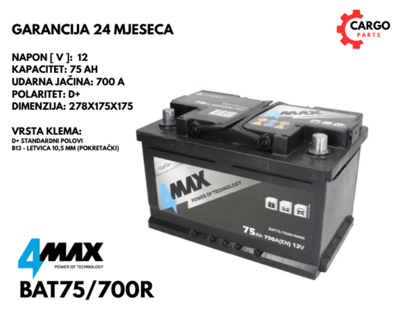 AKUMULATOR 75Ah 700A D+ / 4MAX / 75 Ah 700 A