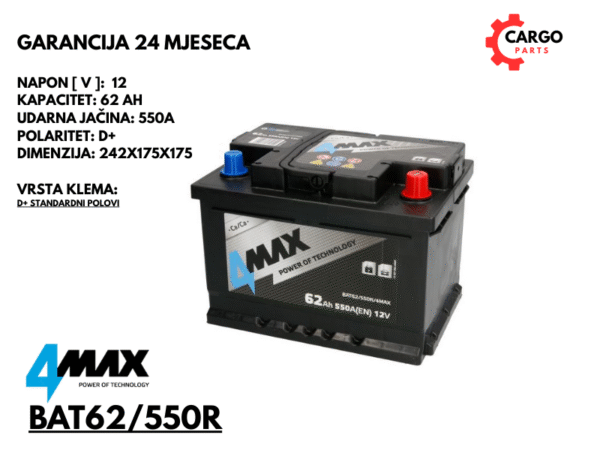 AKUMULATOR 62Ah 550A D+ / 4MAX / 62 Ah 550 A
