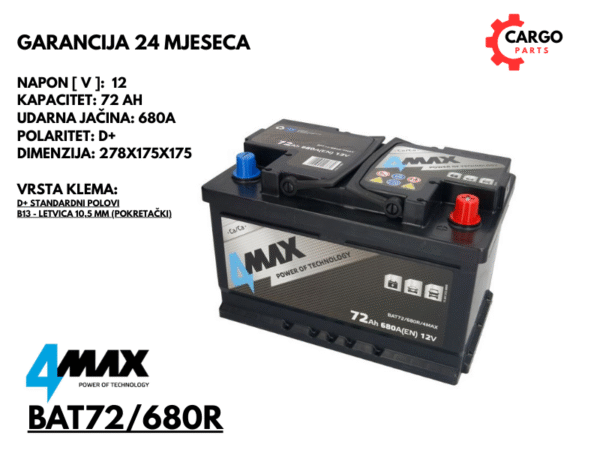 AKUMULATOR 72Ah 680A D+ / 4MAX / 72 Ah 680 A