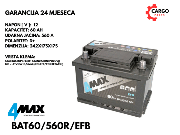 AKUMULATOR 60Ah 560A / START STOP / 4MAX / 60 Ah 560 A EFB