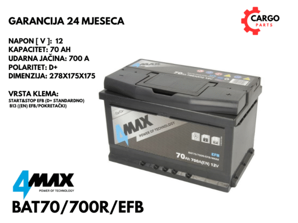 AKUMULATOR 70Ah 700A / START STOP / 4MAX / 70 Ah 700 A EFB